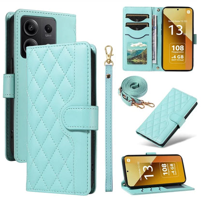 For Xiaomi Redmi Note 13 5G Case Wallet Rhombus Leather Phone Cover with Shoulder Strap, Wrist Strap