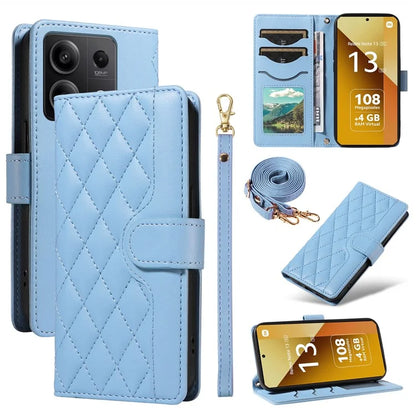 For Xiaomi Redmi Note 13 5G Case Wallet Rhombus Leather Phone Cover with Shoulder Strap, Wrist Strap