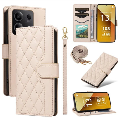 For Xiaomi Redmi Note 13 5G Case Wallet Rhombus Leather Phone Cover with Shoulder Strap, Wrist Strap