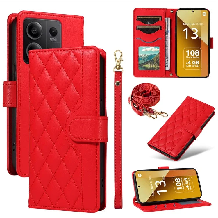 For Xiaomi Redmi Note 13 5G Case Wallet Rhombus Leather Phone Cover with Shoulder Strap, Wrist Strap
