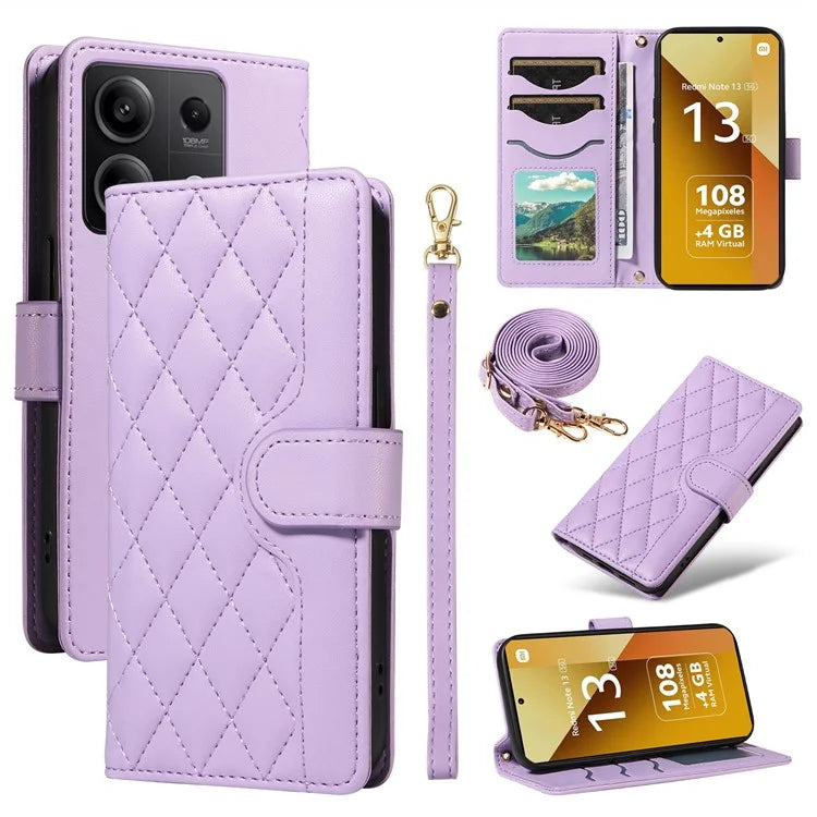 For Xiaomi Redmi Note 13 5G Case Wallet Rhombus Leather Phone Cover with Shoulder Strap, Wrist Strap
