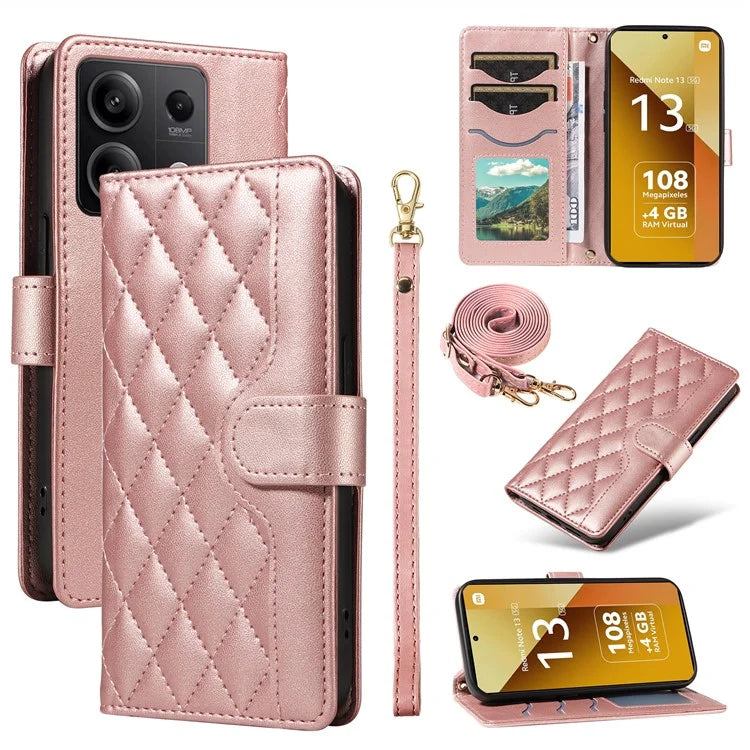 For Xiaomi Redmi Note 13 5G Case Wallet Rhombus Leather Phone Cover with Shoulder Strap, Wrist Strap