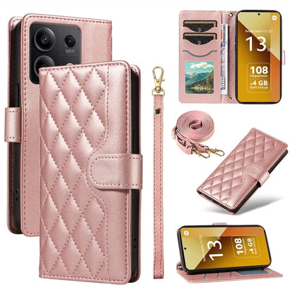 For Xiaomi Redmi Note 13 5G Case Wallet Rhombus Leather Phone Cover with Shoulder Strap, Wrist Strap