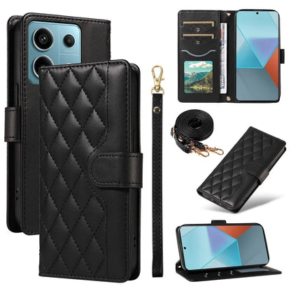 For Xiaomi Poco X6 5G / Redmi Note 13 Pro 5G Case Wallet Rhombus Leather Phone Cover with Shoulder Strap, Wrist Strap