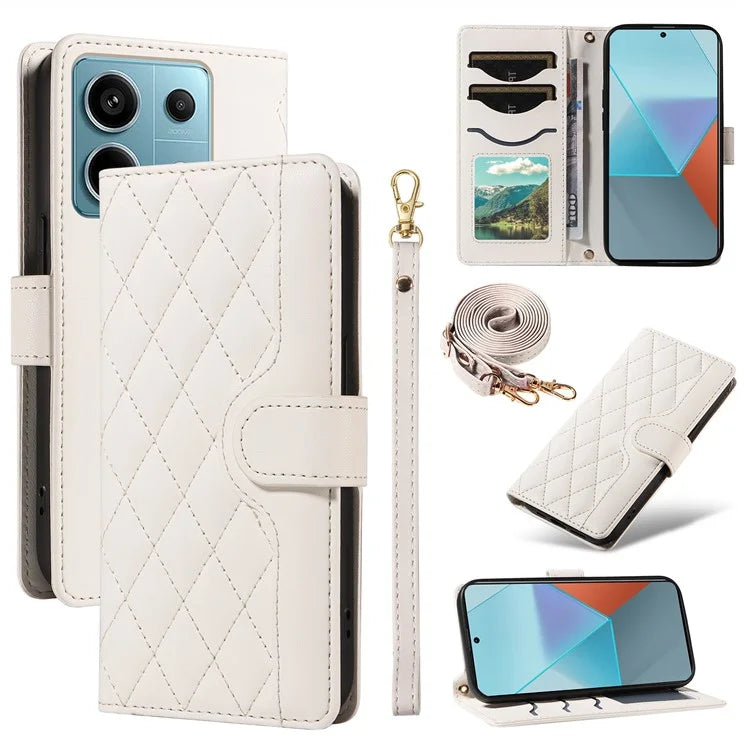 For Xiaomi Poco X6 5G / Redmi Note 13 Pro 5G Case Wallet Rhombus Leather Phone Cover with Shoulder Strap, Wrist Strap