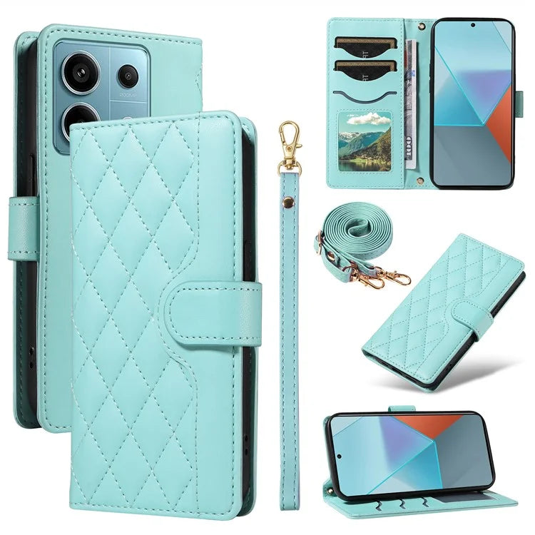 For Xiaomi Poco X6 5G / Redmi Note 13 Pro 5G Case Wallet Rhombus Leather Phone Cover with Shoulder Strap, Wrist Strap