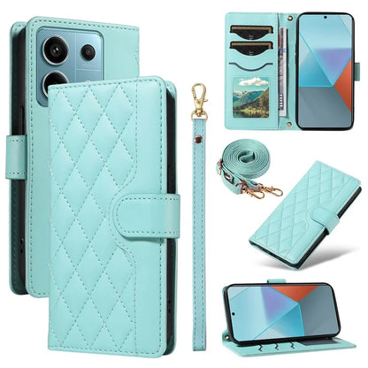 For Xiaomi Poco X6 5G / Redmi Note 13 Pro 5G Case Wallet Rhombus Leather Phone Cover with Shoulder Strap, Wrist Strap