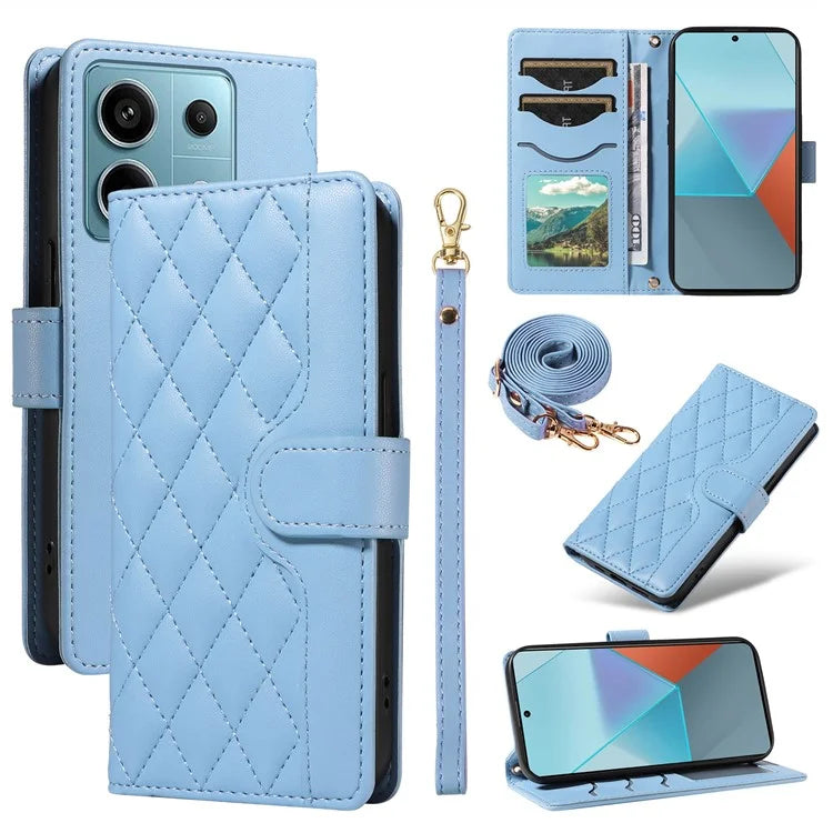 For Xiaomi Poco X6 5G / Redmi Note 13 Pro 5G Case Wallet Rhombus Leather Phone Cover with Shoulder Strap, Wrist Strap