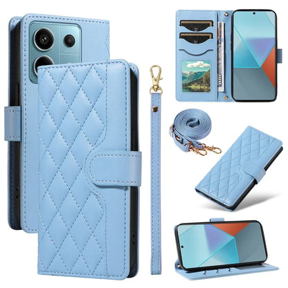 For Xiaomi Poco X6 5G / Redmi Note 13 Pro 5G Case Wallet Rhombus Leather Phone Cover with Shoulder Strap, Wrist Strap