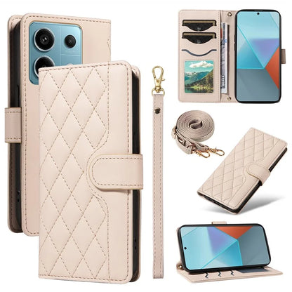 For Xiaomi Poco X6 5G / Redmi Note 13 Pro 5G Case Wallet Rhombus Leather Phone Cover with Shoulder Strap, Wrist Strap
