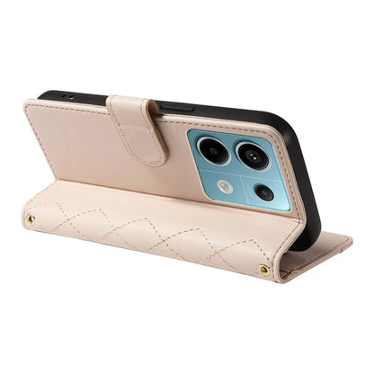 For Xiaomi Poco X6 5G / Redmi Note 13 Pro 5G Case Wallet Rhombus Leather Phone Cover with Shoulder Strap, Wrist Strap