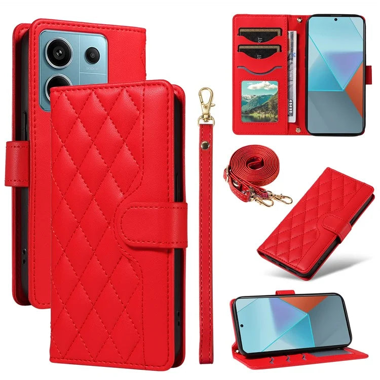 For Xiaomi Poco X6 5G / Redmi Note 13 Pro 5G Case Wallet Rhombus Leather Phone Cover with Shoulder Strap, Wrist Strap