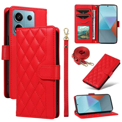 For Xiaomi Poco X6 5G / Redmi Note 13 Pro 5G Case Wallet Rhombus Leather Phone Cover with Shoulder Strap, Wrist Strap