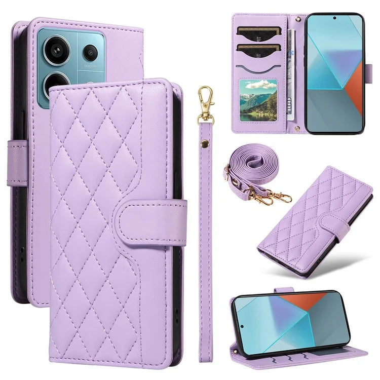 For Xiaomi Poco X6 5G / Redmi Note 13 Pro 5G Case Wallet Rhombus Leather Phone Cover with Shoulder Strap, Wrist Strap
