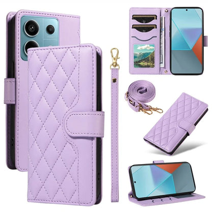 For Xiaomi Poco X6 5G / Redmi Note 13 Pro 5G Case Wallet Rhombus Leather Phone Cover with Shoulder Strap, Wrist Strap