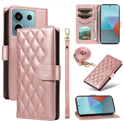 For Xiaomi Poco X6 5G / Redmi Note 13 Pro 5G Case Wallet Rhombus Leather Phone Cover with Shoulder Strap, Wrist Strap