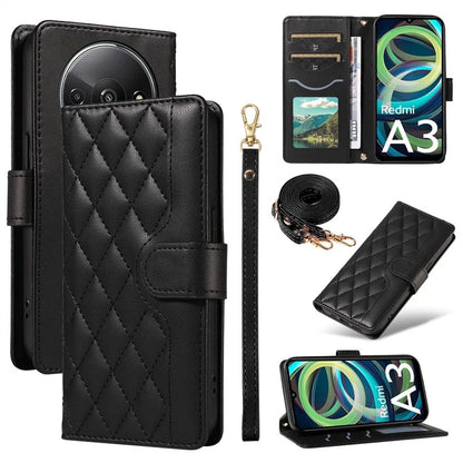 For Xiaomi Poco C61 4G / Redmi A3 4G Case Wallet Rhombus Leather Phone Cover with Shoulder Strap, Wrist Strap