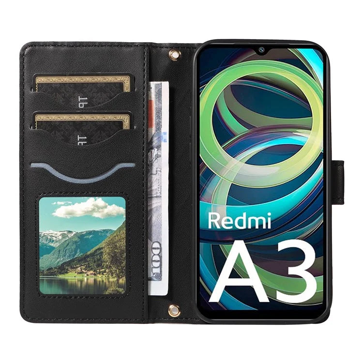 For Xiaomi Poco C61 4G / Redmi A3 4G Case Wallet Rhombus Leather Phone Cover with Shoulder Strap, Wrist Strap
