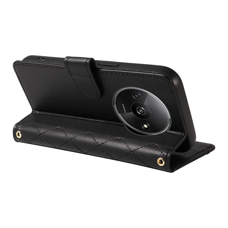 For Xiaomi Poco C61 4G / Redmi A3 4G Case Wallet Rhombus Leather Phone Cover with Shoulder Strap, Wrist Strap