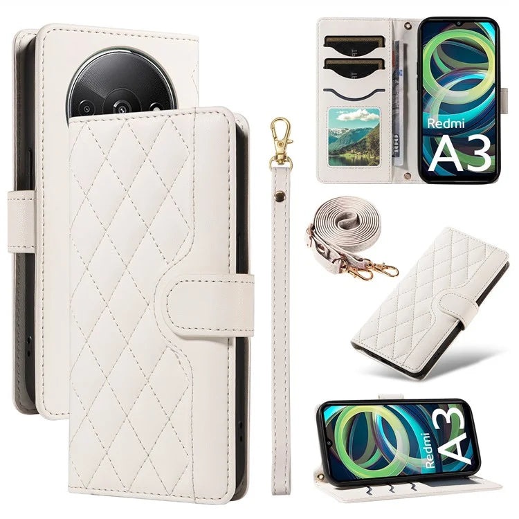 For Xiaomi Poco C61 4G / Redmi A3 4G Case Wallet Rhombus Leather Phone Cover with Shoulder Strap, Wrist Strap