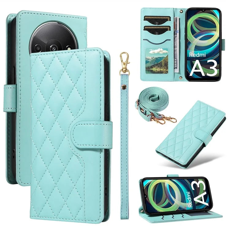 For Xiaomi Poco C61 4G / Redmi A3 4G Case Wallet Rhombus Leather Phone Cover with Shoulder Strap, Wrist Strap