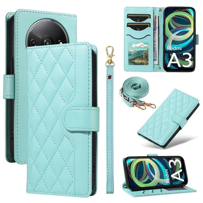 For Xiaomi Poco C61 4G / Redmi A3 4G Case Wallet Rhombus Leather Phone Cover with Shoulder Strap, Wrist Strap