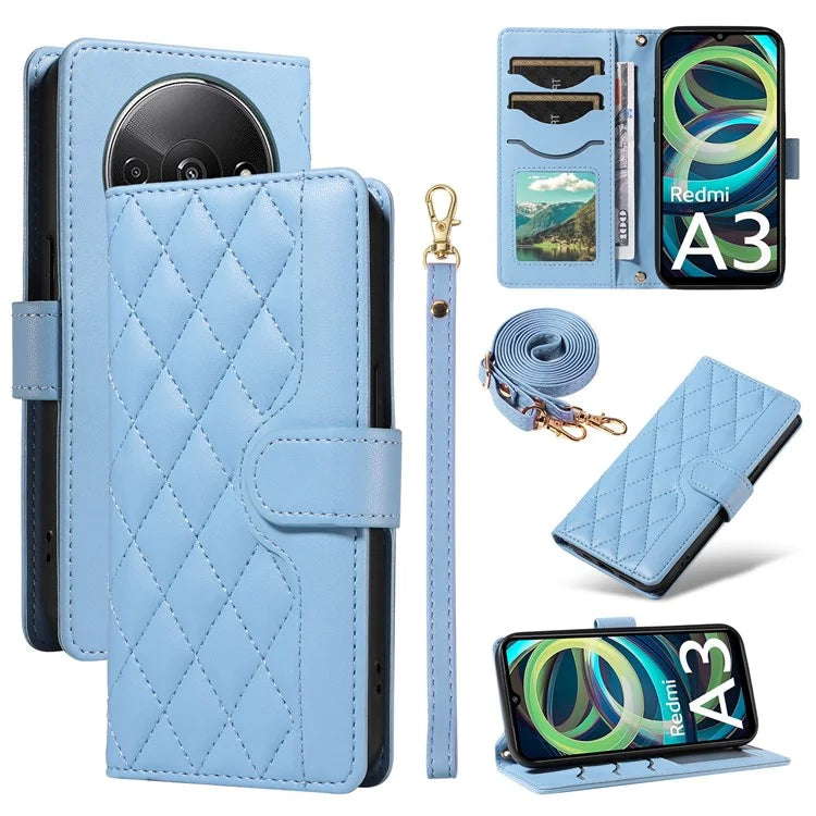 For Xiaomi Poco C61 4G / Redmi A3 4G Case Wallet Rhombus Leather Phone Cover with Shoulder Strap, Wrist Strap