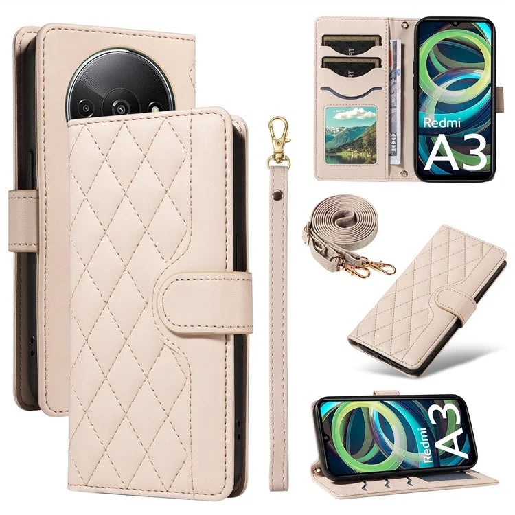 For Xiaomi Poco C61 4G / Redmi A3 4G Case Wallet Rhombus Leather Phone Cover with Shoulder Strap, Wrist Strap