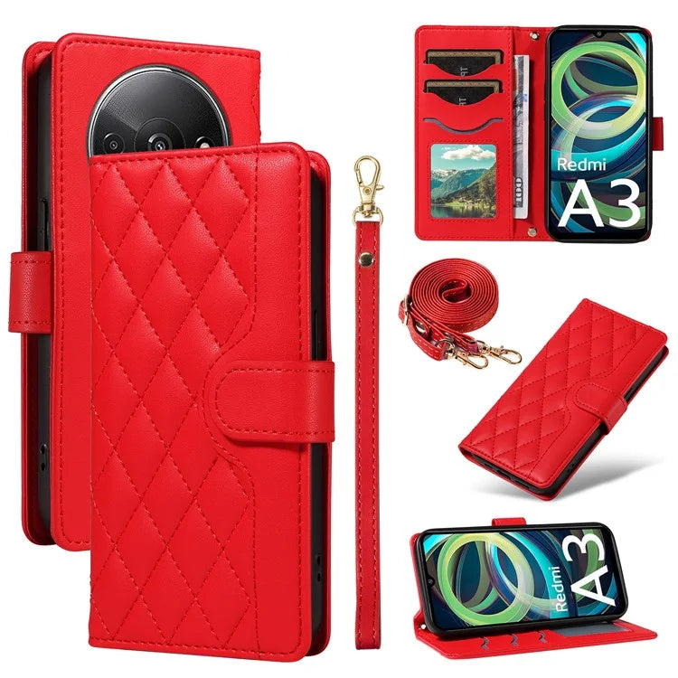 For Xiaomi Poco C61 4G / Redmi A3 4G Case Wallet Rhombus Leather Phone Cover with Shoulder Strap, Wrist Strap
