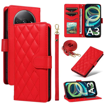 For Xiaomi Poco C61 4G / Redmi A3 4G Case Wallet Rhombus Leather Phone Cover with Shoulder Strap, Wrist Strap