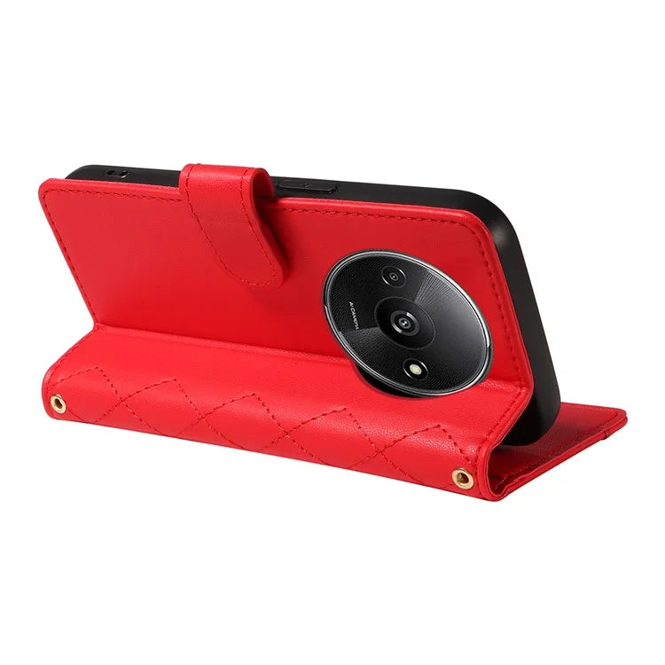 For Xiaomi Poco C61 4G / Redmi A3 4G Case Wallet Rhombus Leather Phone Cover with Shoulder Strap, Wrist Strap