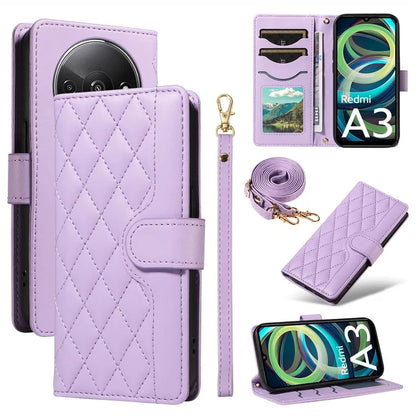 For Xiaomi Poco C61 4G / Redmi A3 4G Case Wallet Rhombus Leather Phone Cover with Shoulder Strap, Wrist Strap