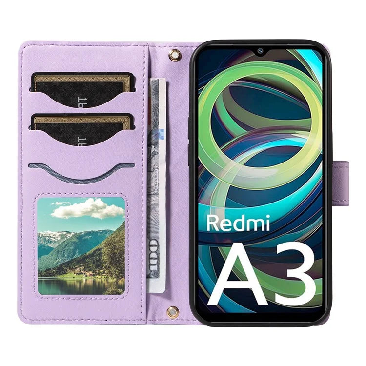 For Xiaomi Poco C61 4G / Redmi A3 4G Case Wallet Rhombus Leather Phone Cover with Shoulder Strap, Wrist Strap