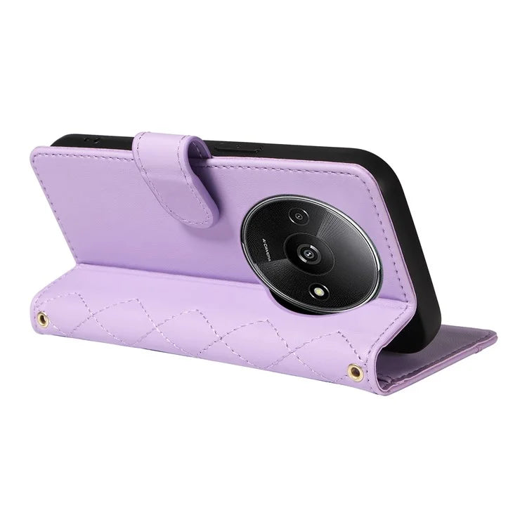 For Xiaomi Poco C61 4G / Redmi A3 4G Case Wallet Rhombus Leather Phone Cover with Shoulder Strap, Wrist Strap