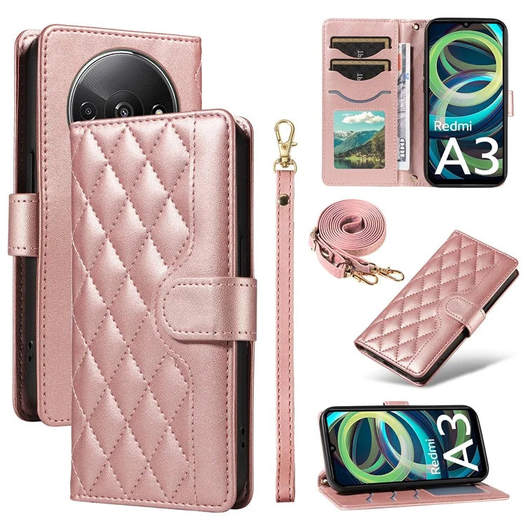 For Xiaomi Poco C61 4G / Redmi A3 4G Case Wallet Rhombus Leather Phone Cover with Shoulder Strap, Wrist Strap