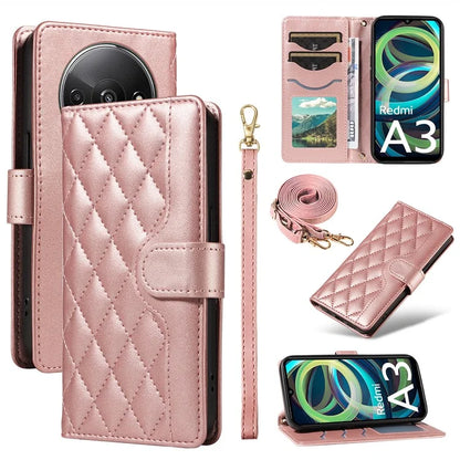 For Xiaomi Poco C61 4G / Redmi A3 4G Case Wallet Rhombus Leather Phone Cover with Shoulder Strap, Wrist Strap