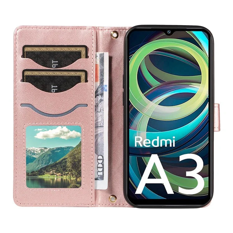 For Xiaomi Poco C61 4G / Redmi A3 4G Case Wallet Rhombus Leather Phone Cover with Shoulder Strap, Wrist Strap