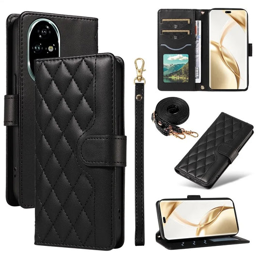 For Honor 200 Pro 5G Case Wallet Rhombus Leather Phone Cover with Shoulder Strap, Wrist Strap