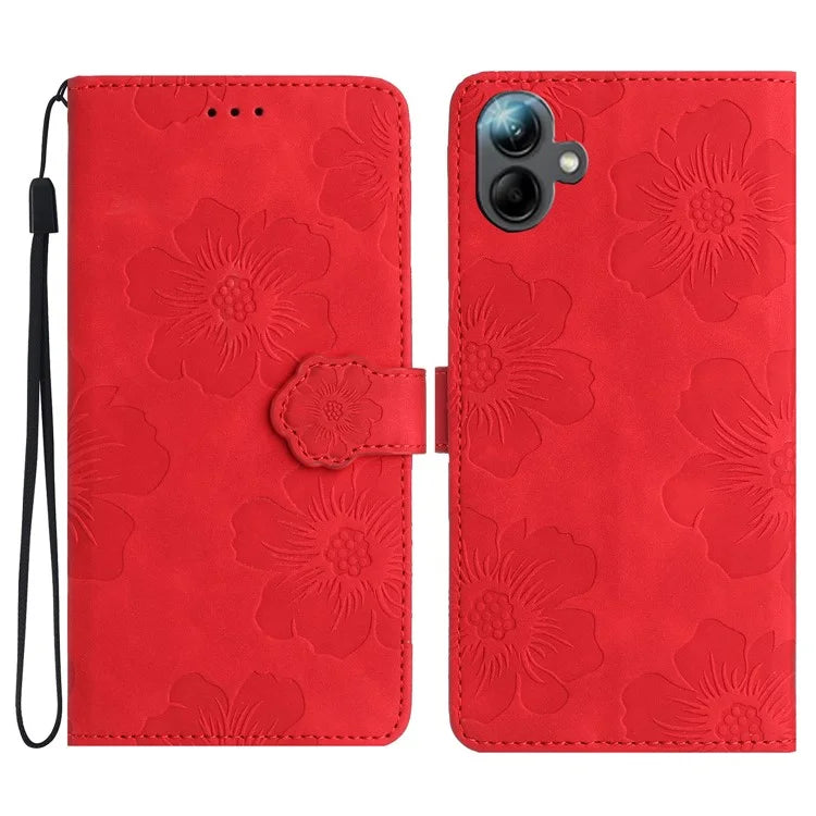 For Samsung Galaxy A06 Case Flower Design Leather Wallet Phone Cover with Wrist Strap