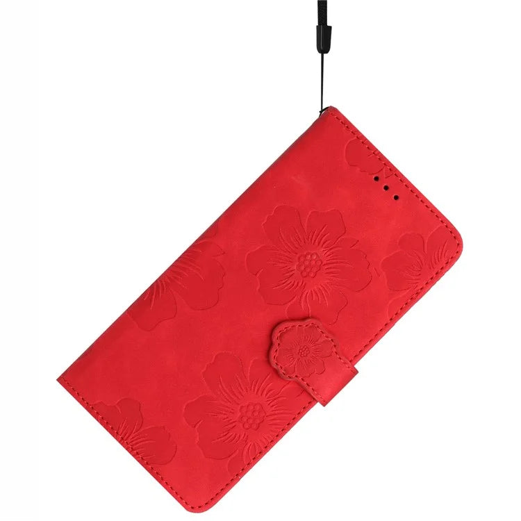 For Samsung Galaxy A06 Case Flower Design Leather Wallet Phone Cover with Wrist Strap