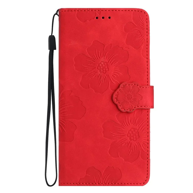 For Samsung Galaxy A06 Case Flower Design Leather Wallet Phone Cover with Wrist Strap