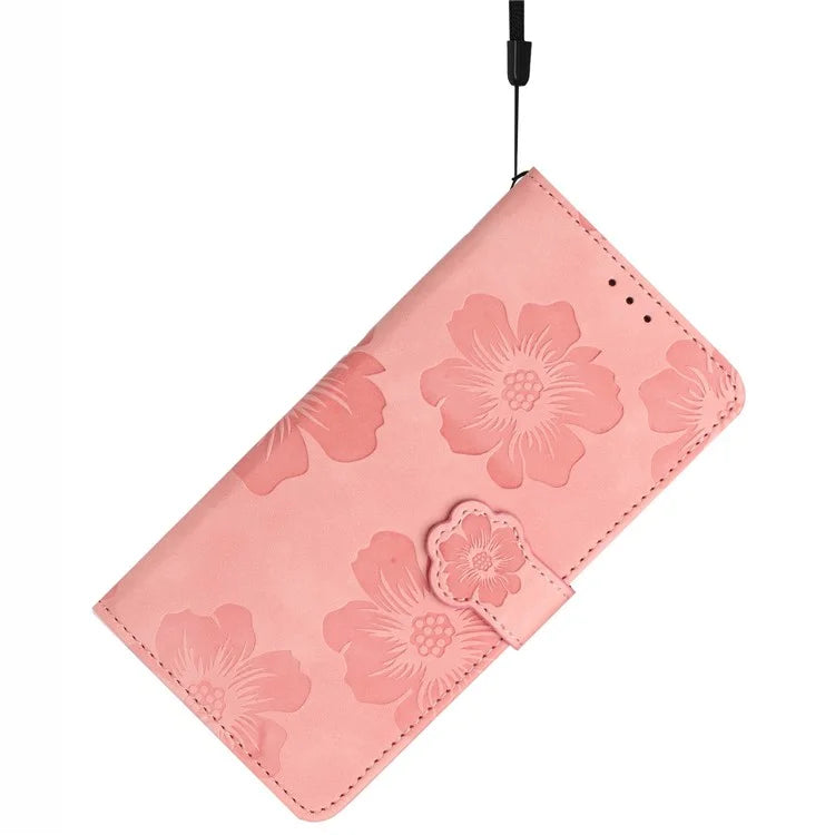 For Samsung Galaxy A06 Case Flower Design Leather Wallet Phone Cover with Wrist Strap