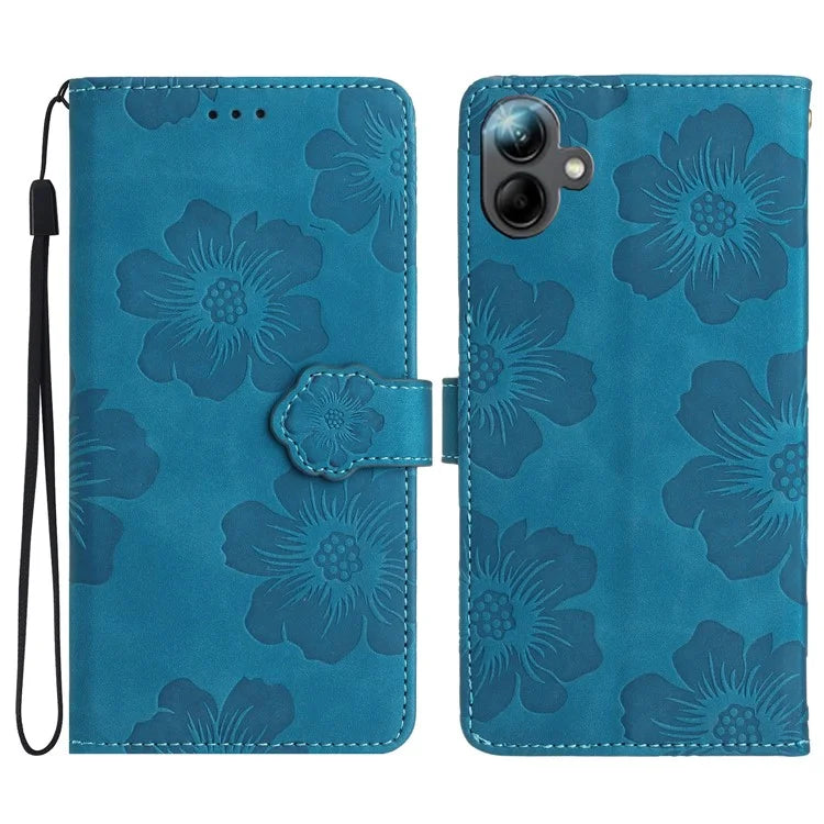 For Samsung Galaxy A06 Case Flower Design Leather Wallet Phone Cover with Wrist Strap