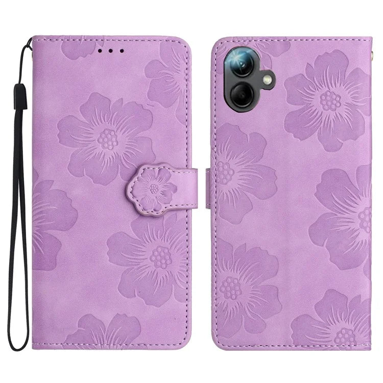 For Samsung Galaxy A06 Case Flower Design Leather Wallet Phone Cover with Wrist Strap