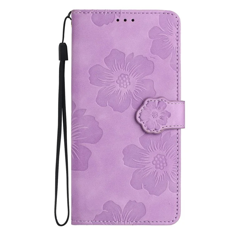 For Samsung Galaxy A06 Case Flower Design Leather Wallet Phone Cover with Wrist Strap