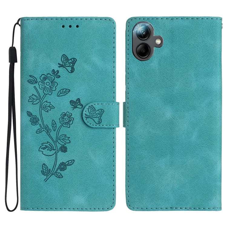 For Samsung Galaxy A06 Case Leather Imprinted Flower Phone Cover Wallet with Wrist Strap