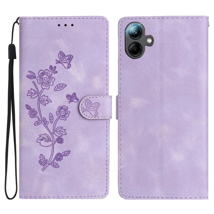 For Samsung Galaxy A06 Case Leather Imprinted Flower Phone Cover Wallet with Wrist Strap