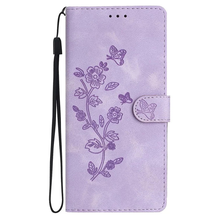 For Samsung Galaxy A06 Case Leather Imprinted Flower Phone Cover Wallet with Wrist Strap