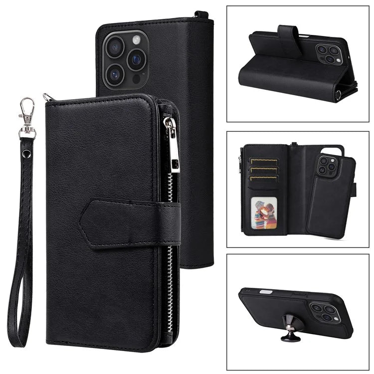 KT Multi-Functional Series-4 for iPhone 16 Pro Max Case Detachable PU Leather Zipper Flip Wallet Phone Cover
