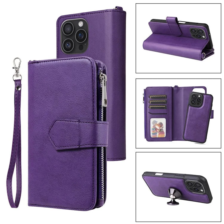 KT Multi-Functional Series-4 for iPhone 16 Pro Max Case Detachable PU Leather Zipper Flip Wallet Phone Cover